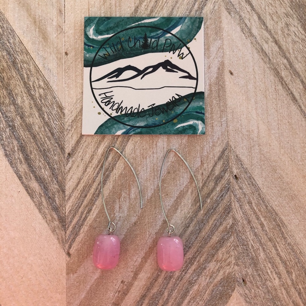 Pink Stone Dangle Silver Hook Earrings